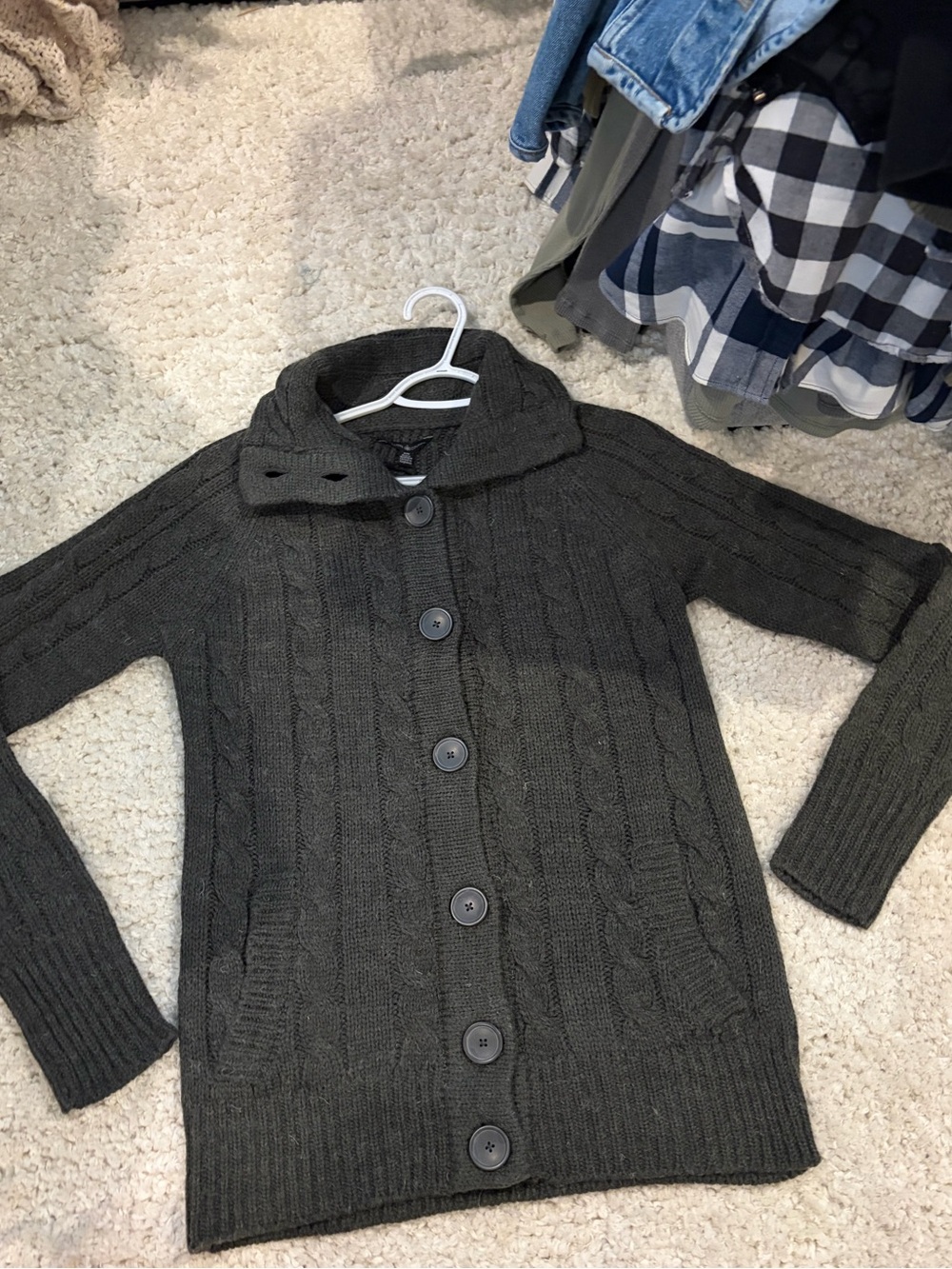 Cable-Knit Button-Front Cardigan Sweater in Dark Gray
